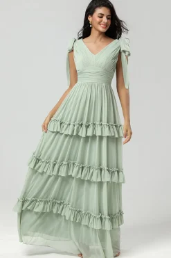 Uma linha Chiffon vestido verde dama de honra com pregado