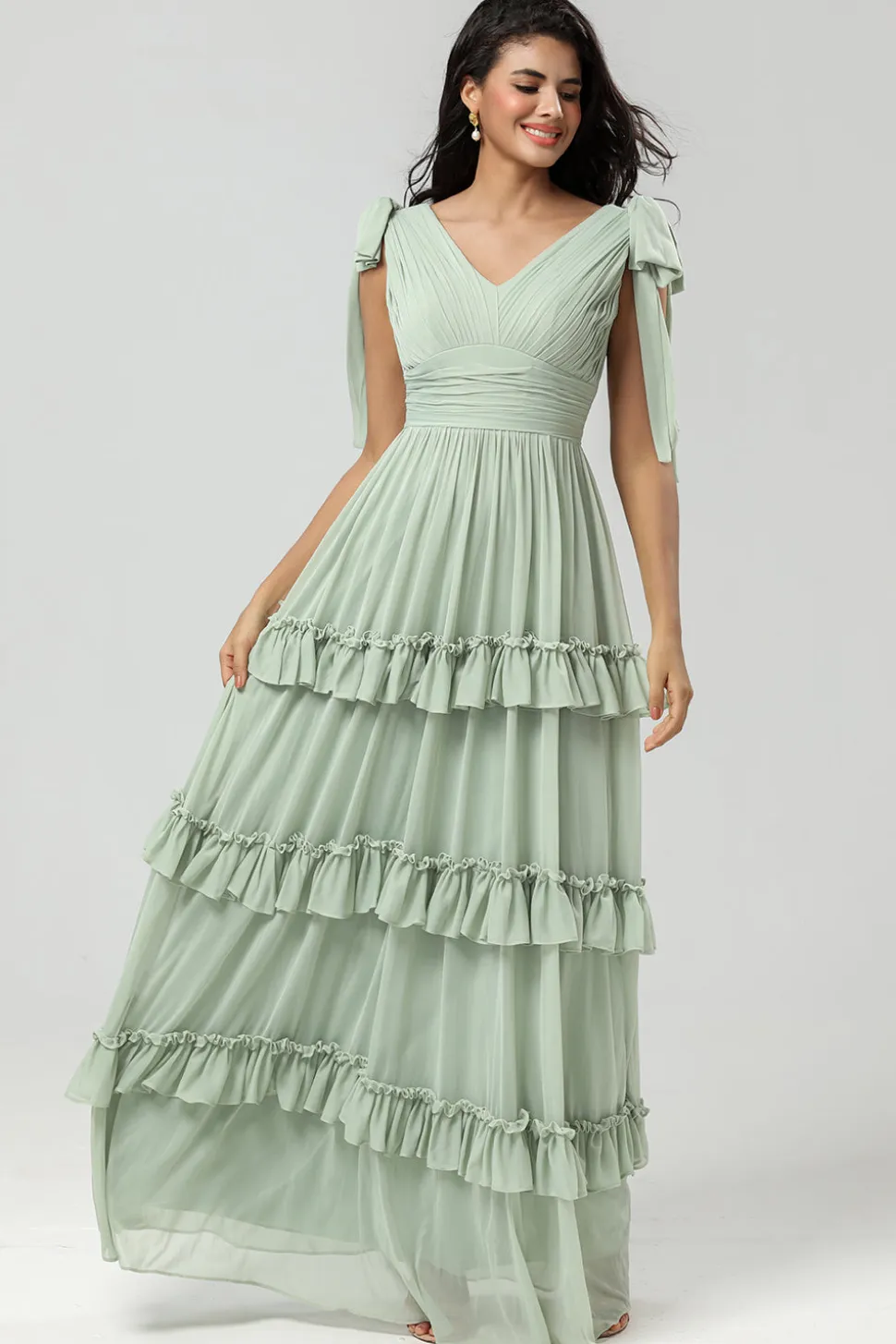 Uma linha Chiffon vestido verde dama de honra com pregado