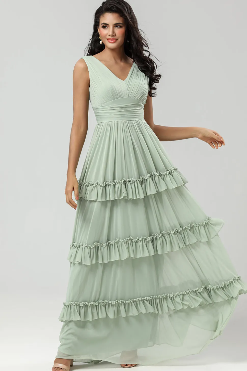 Uma linha Chiffon vestido verde dama de honra com pregado