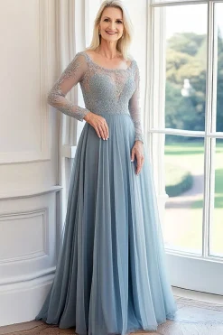 Uma linha cinza azul barco pescoço mangas compridas Appliqued mãe do vestido da noiva