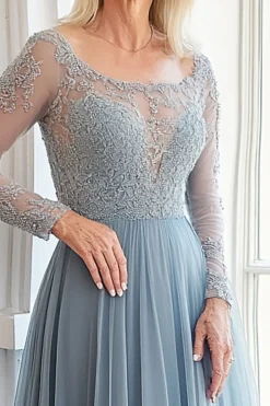Uma linha cinza azul barco pescoço mangas compridas Appliqued mãe do vestido da noiva
