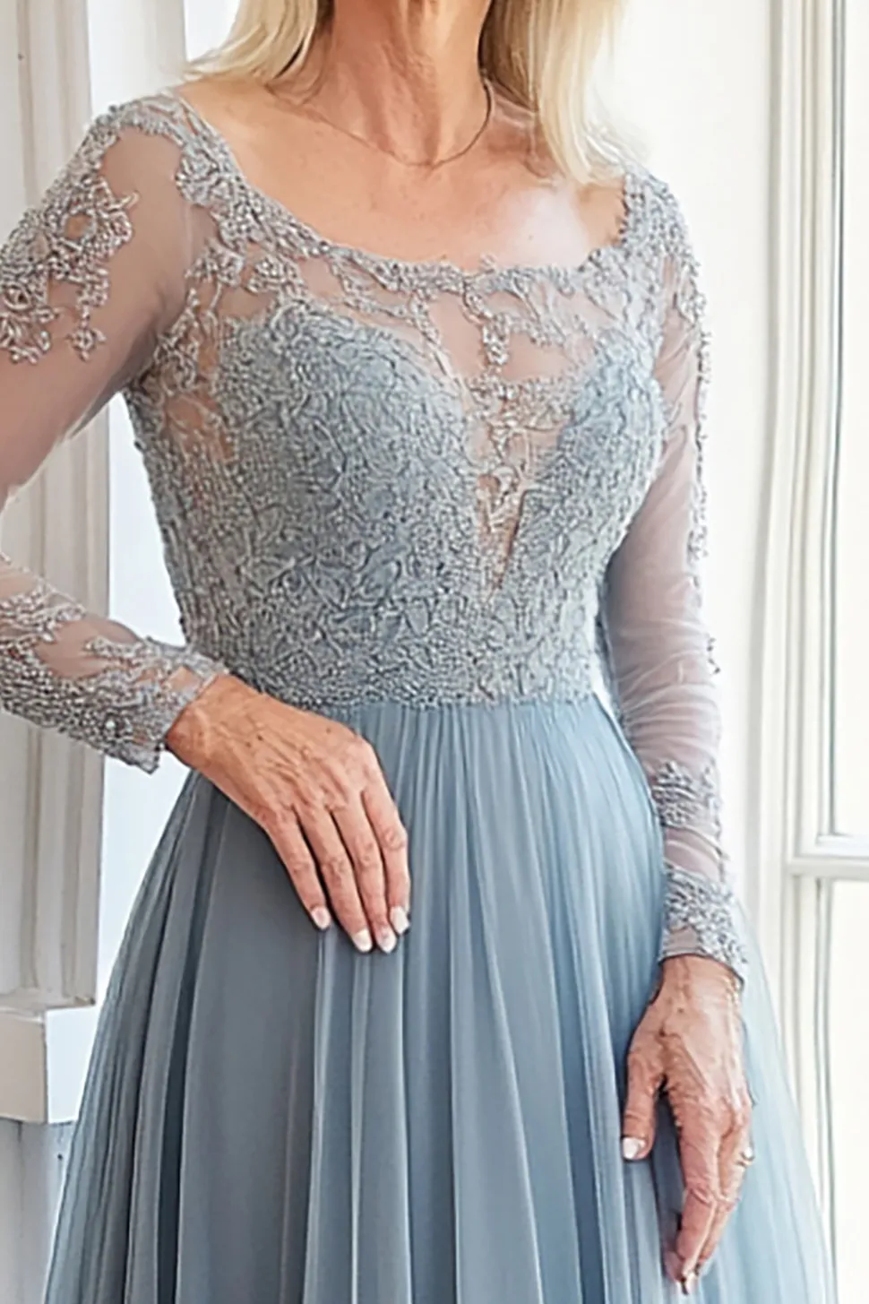 Uma linha cinza azul barco pescoço mangas compridas Appliqued mãe do vestido da noiva
