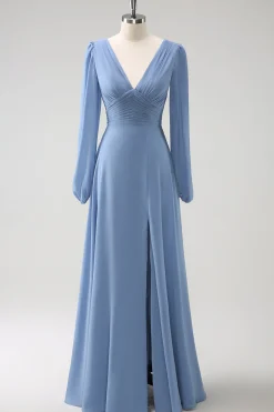 Uma linha cinza azul V-Nack Chiffon vestido de dama de honra com mangas compridas