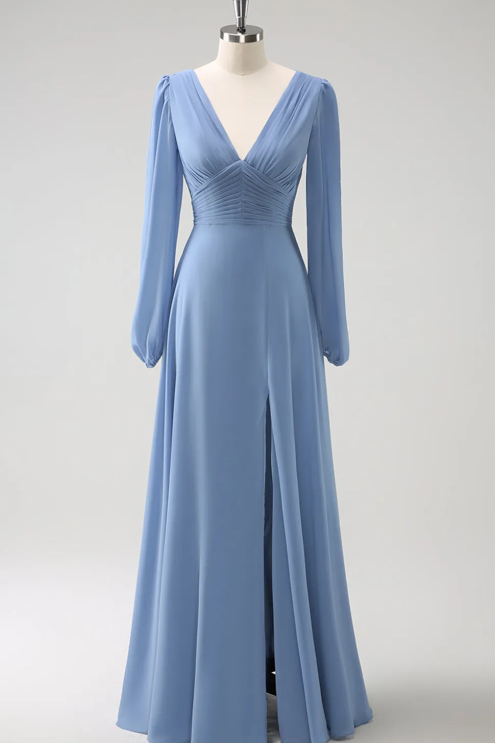 Uma linha cinza azul V-Nack Chiffon vestido de dama de honra com mangas compridas