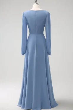Uma linha cinza azul V-Nack Chiffon vestido de dama de honra com mangas compridas