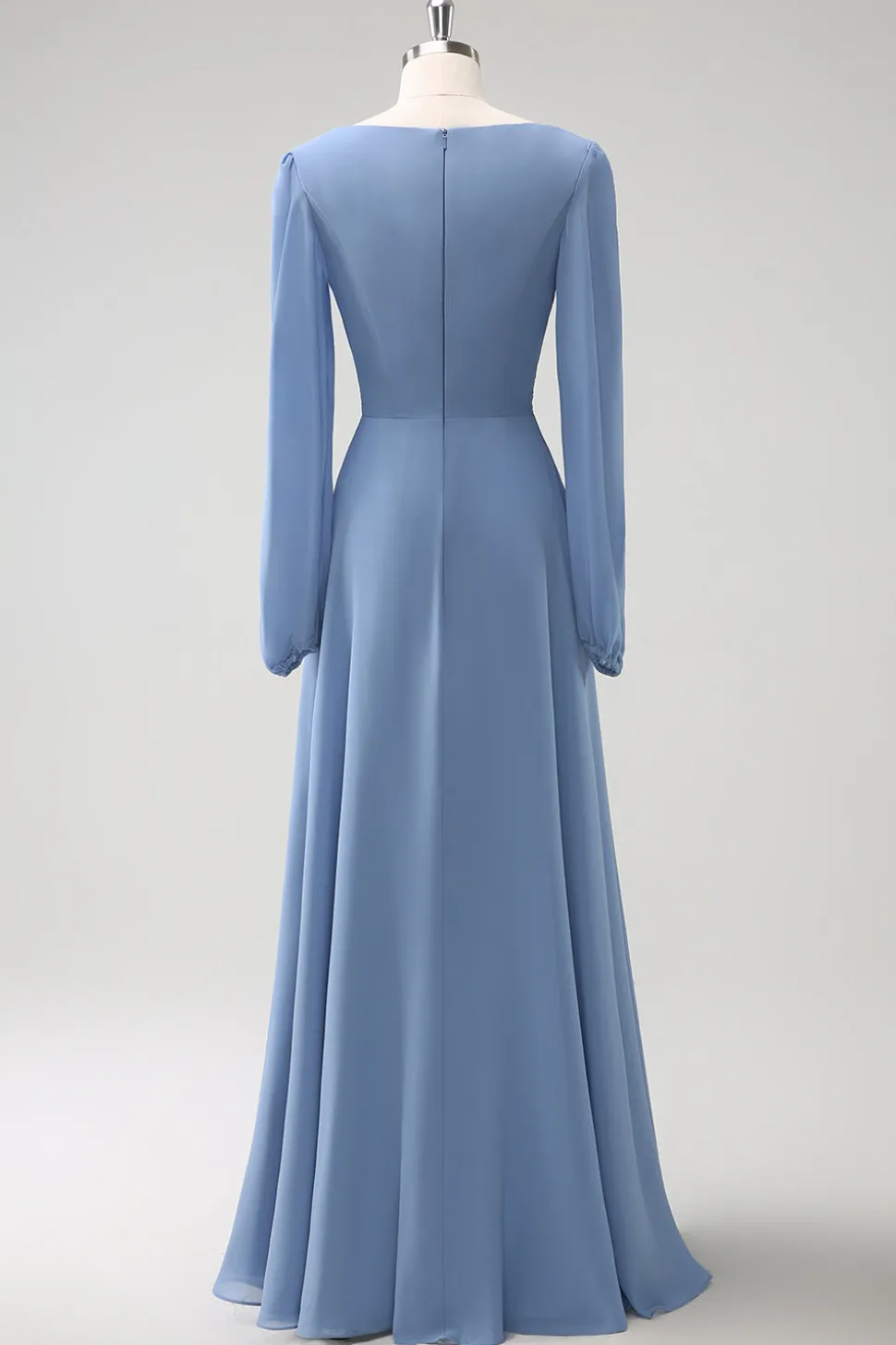 Uma linha cinza azul V-Nack Chiffon vestido de dama de honra com mangas compridas
