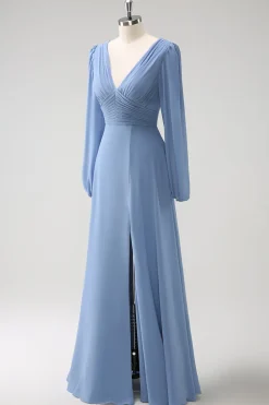 Uma linha cinza azul V-Nack Chiffon vestido de dama de honra com mangas compridas