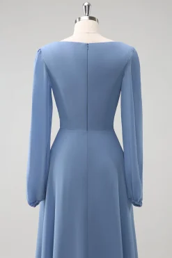 Uma linha cinza azul V-Nack Chiffon vestido de dama de honra com mangas compridas