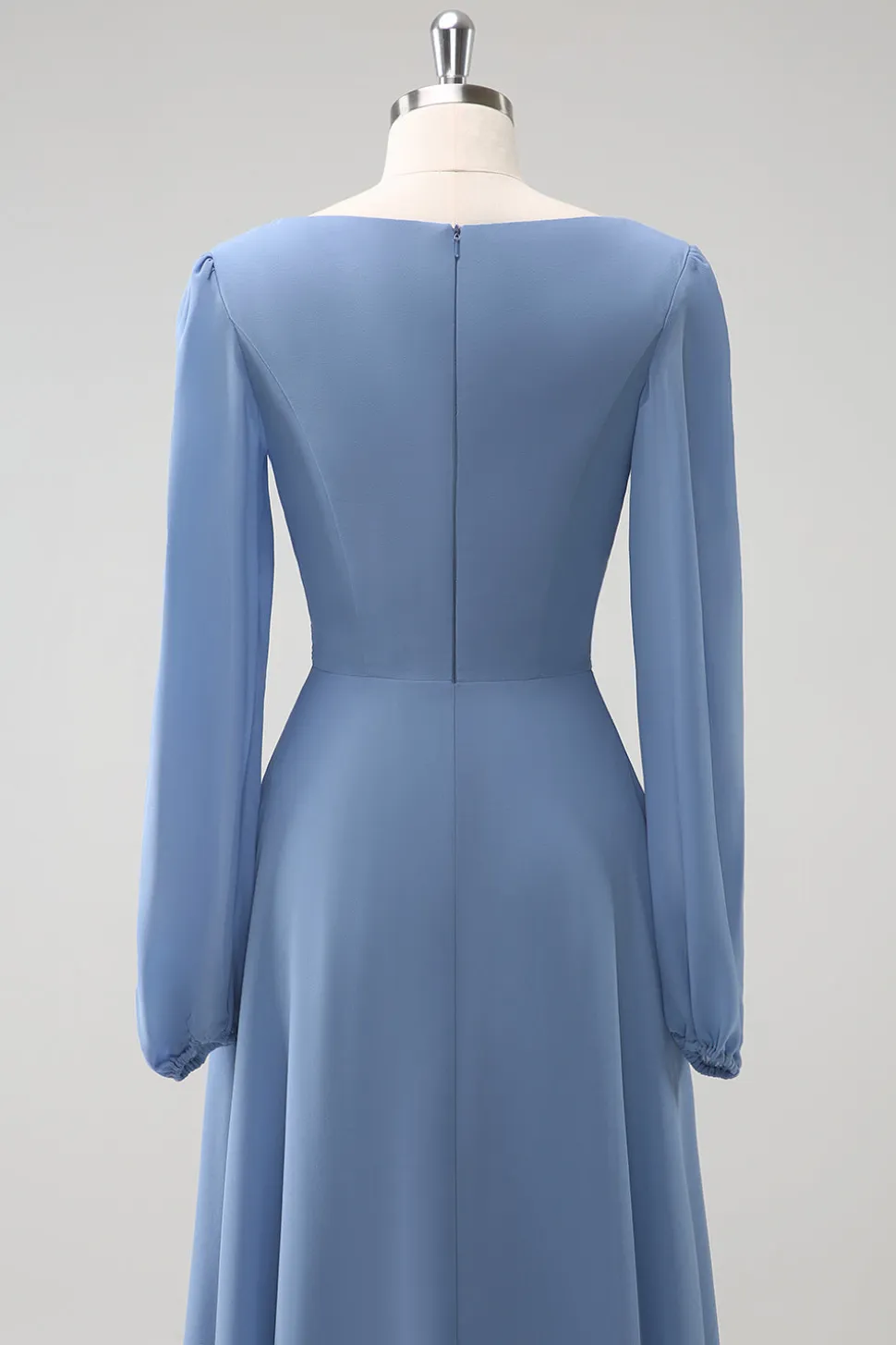 Uma linha cinza azul V-Nack Chiffon vestido de dama de honra com mangas compridas