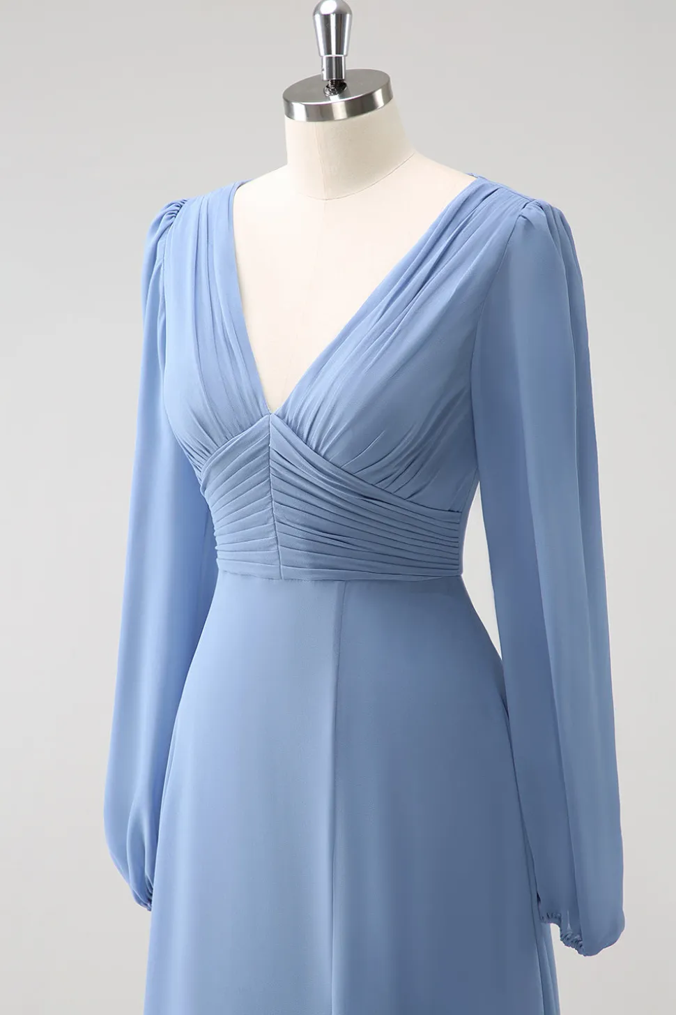 Uma linha cinza azul V-Nack Chiffon vestido de dama de honra com mangas compridas
