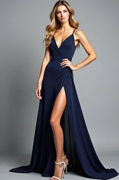 Uma linha de alças de espaguete marinho vestido formal longo com fenda