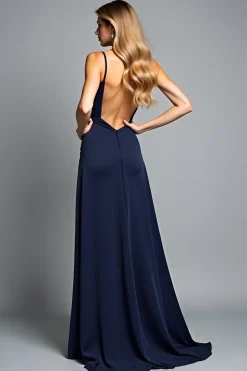 Uma linha de alças de espaguete marinho vestido formal longo com fenda