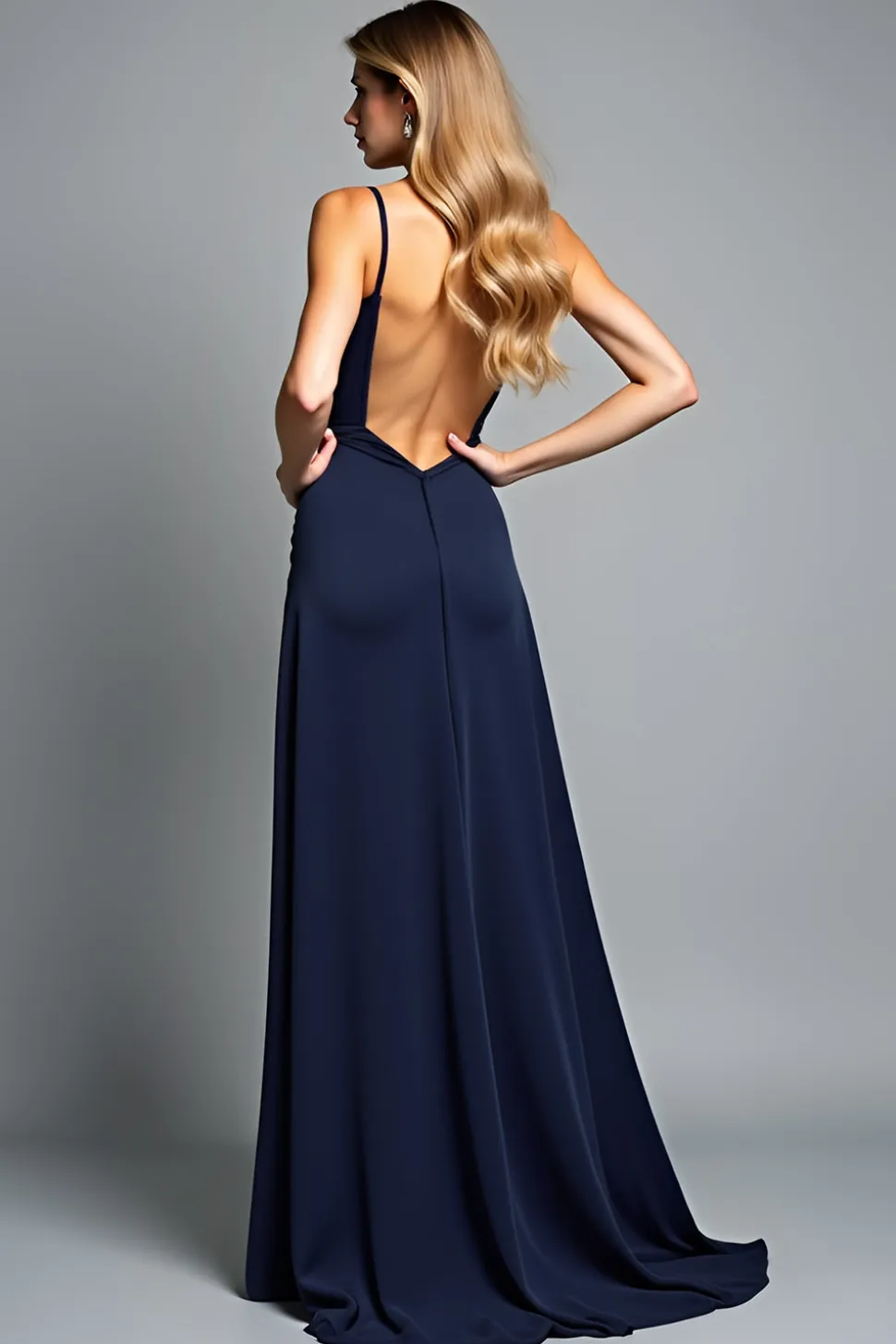 Uma linha de alças de espaguete marinho vestido formal longo com fenda