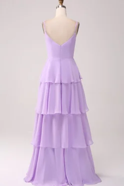 Uma linha de alças espaguete em camadas Chiffon Lilás vestido de dama de honra com fenda