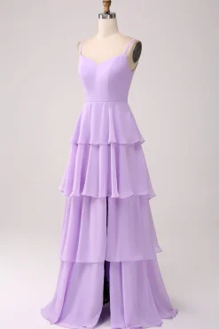 Uma linha de alças espaguete em camadas Chiffon Lilás vestido de dama de honra com fenda
