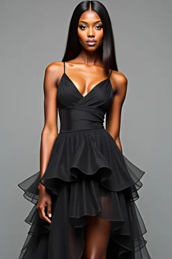 Uma linha de alças espaguete babado vestido de gravata preta com fenda