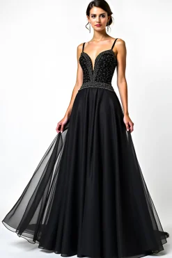 Uma linha de alças espaguete lantejoulas Ruched Black Tie Dress
