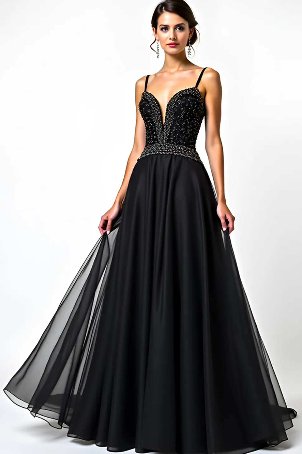 Uma linha de alças espaguete lantejoulas Ruched Black Tie Dress