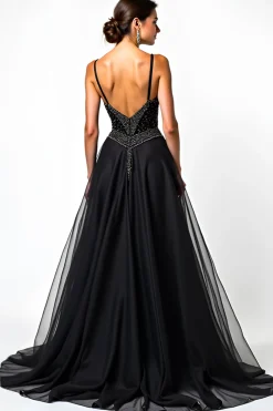 Uma linha de alças espaguete lantejoulas Ruched Black Tie Dress
