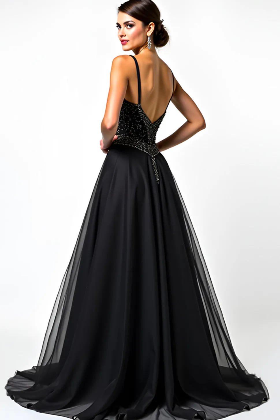 Uma linha de alças espaguete lantejoulas Ruched Black Tie Dress