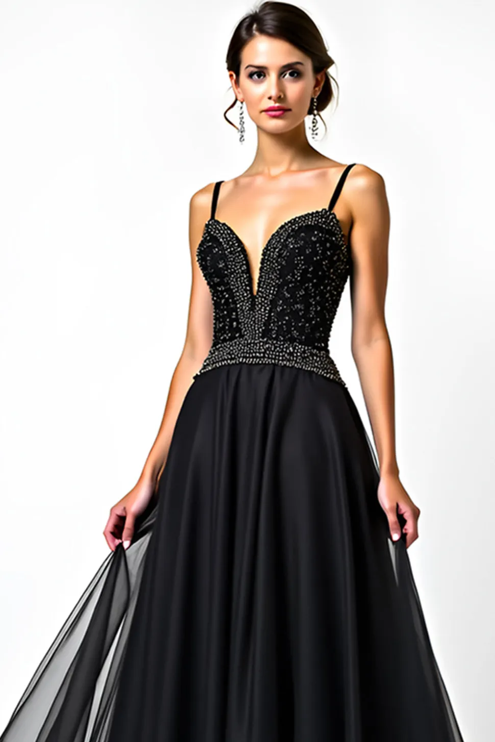 Uma linha de alças espaguete lantejoulas Ruched Black Tie Dress