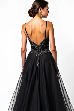 Uma linha de alças espaguete lantejoulas Ruched Black Tie Dress