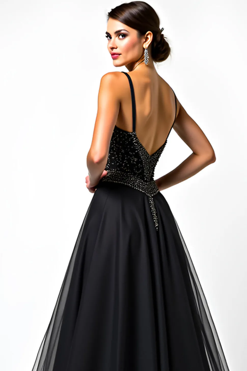 Uma linha de alças espaguete lantejoulas Ruched Black Tie Dress
