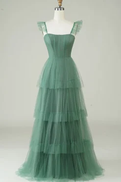 Uma linha de alças espaguete longo tule eucalipto vestido de dama de honra
