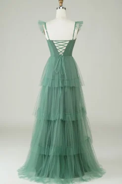 Uma linha de alças espaguete longo tule eucalipto vestido de dama de honra