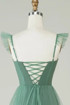Uma linha de alças espaguete longo tule eucalipto vestido de dama de honra