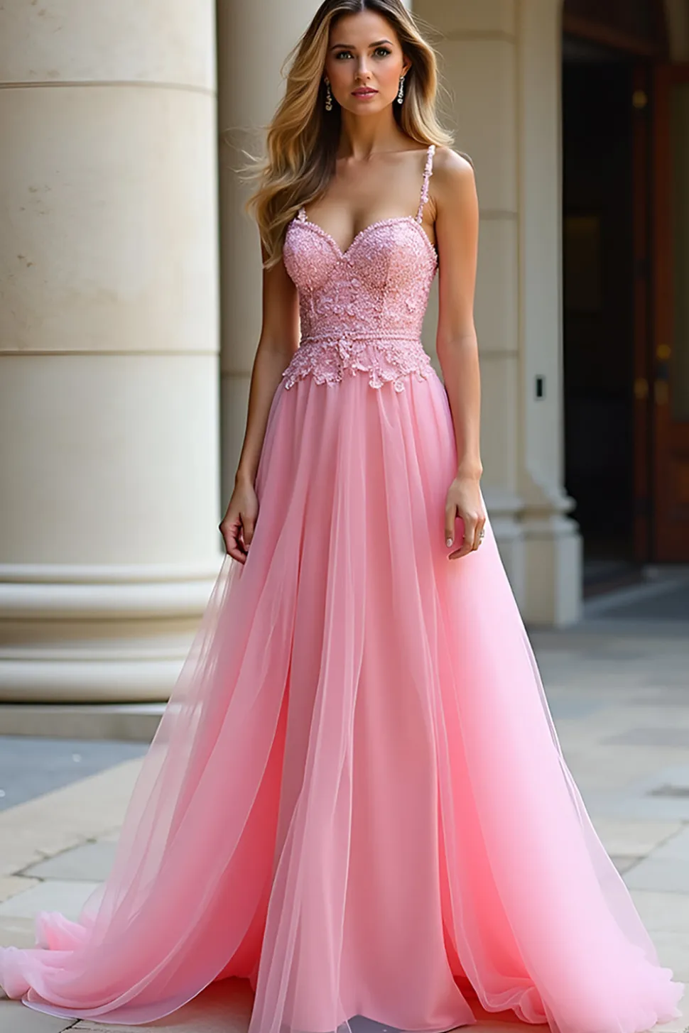 Uma linha de alças espaguete rosa renda longo vestido de baile