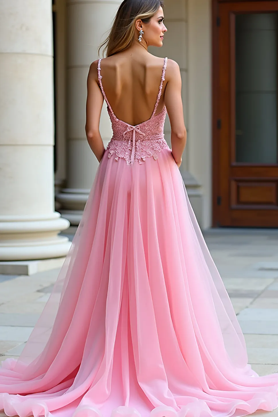 Uma linha de alças espaguete rosa renda longo vestido de baile