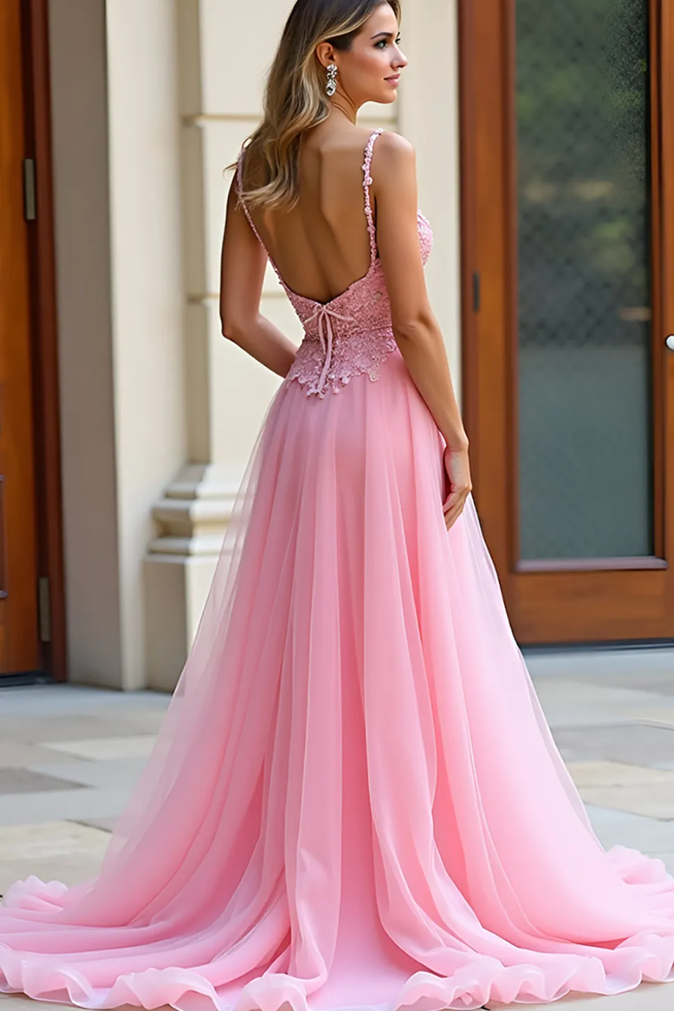 Uma linha de alças espaguete rosa renda longo vestido de baile