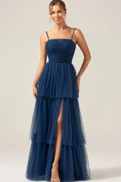 Uma linha de alças espaguete Tiered Navy Tulle plissado vestido de baile com fenda