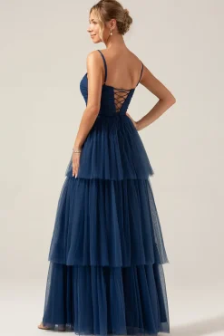 Uma linha de alças espaguete Tiered Navy Tulle plissado vestido de baile com fenda