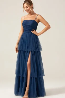 Uma linha de alças espaguete Tiered Navy Tulle plissado vestido de baile com fenda