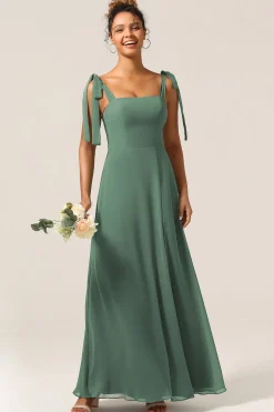 Uma linha de alças espaguete de eucalipto gravata tiras vestido de dama de honra com fenda