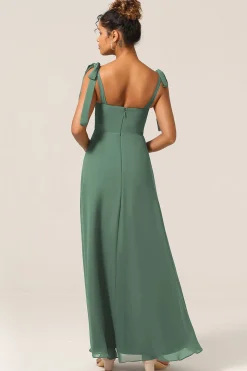 Uma linha de alças espaguete de eucalipto gravata tiras vestido de dama de honra com fenda
