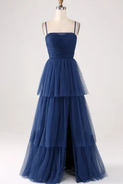 Uma linha de alças espaguete em camadas tule plissado vestido de baile com fenda