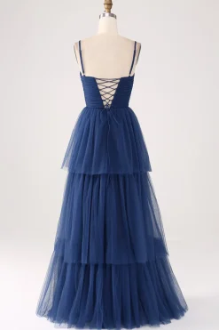 Uma linha de alças espaguete em camadas tule plissado vestido de baile com fenda
