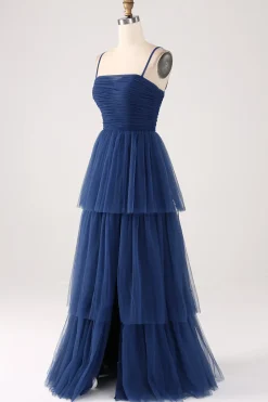 Uma linha de alças espaguete em camadas tule plissado vestido de baile com fenda