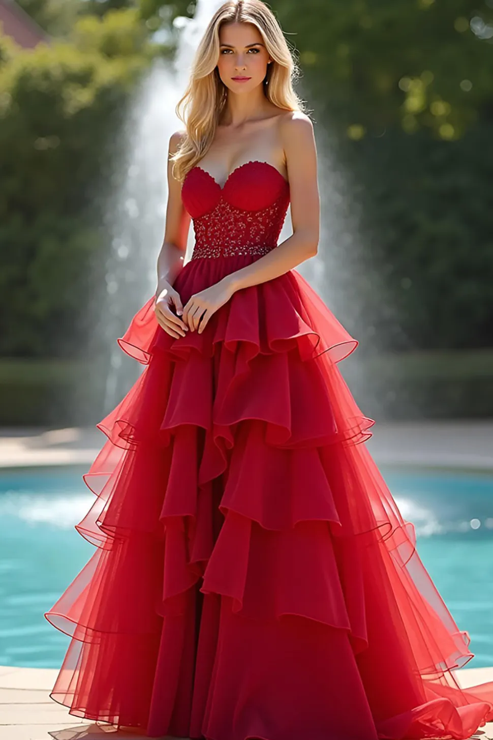 Uma linha de babados vermelho organza querida vestido longo baile de formatura