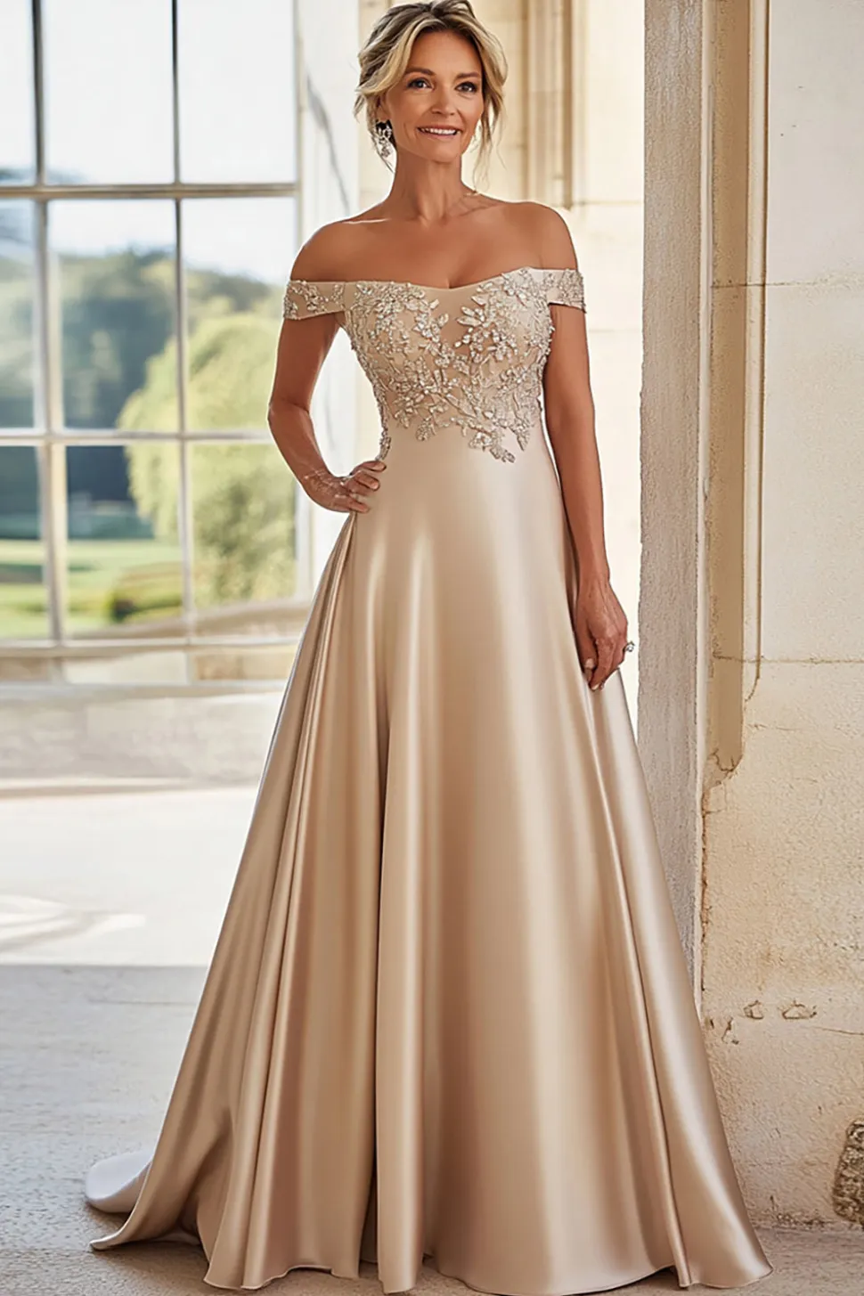 Uma linha de champanhe fora do ombro bordado mãe do vestido de noiva