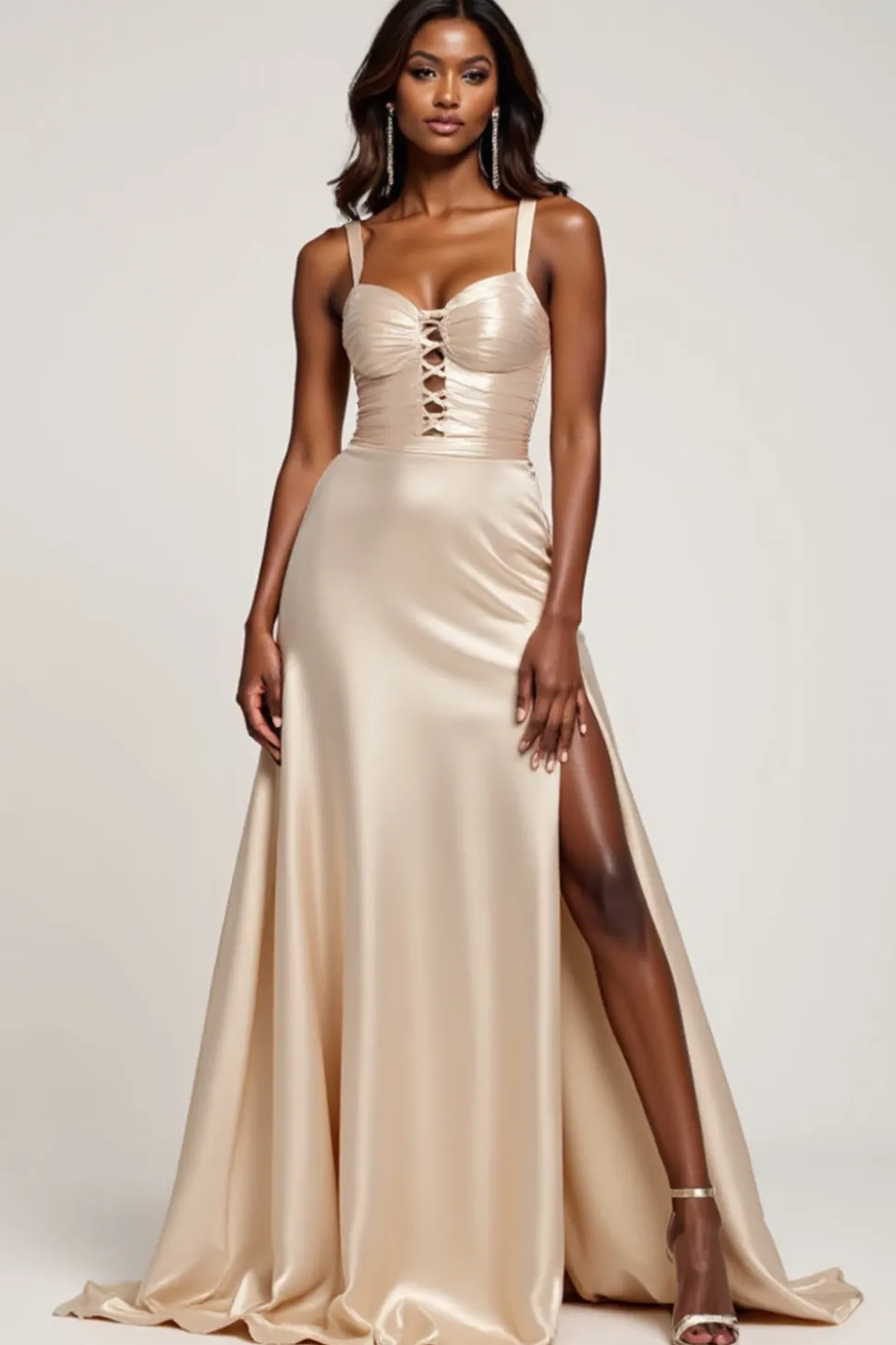 Uma linha de champanhe querida vestido de baile de cetim com fenda