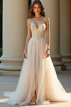 Uma linha de espaguete de champanhe alças longo vestido de baile