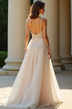 Uma linha de espaguete de champanhe alças longo vestido de baile