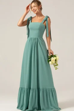 Uma linha de eucalipto Chiffon longo vestido de dama de honra com pregado