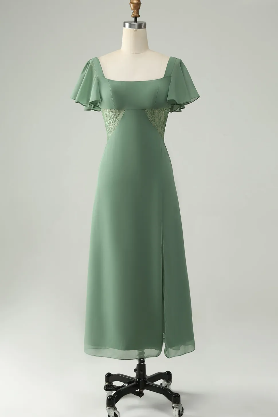 Uma linha de eucalipto pescoço quadrado Chiffon vestido de dama de honra com fenda