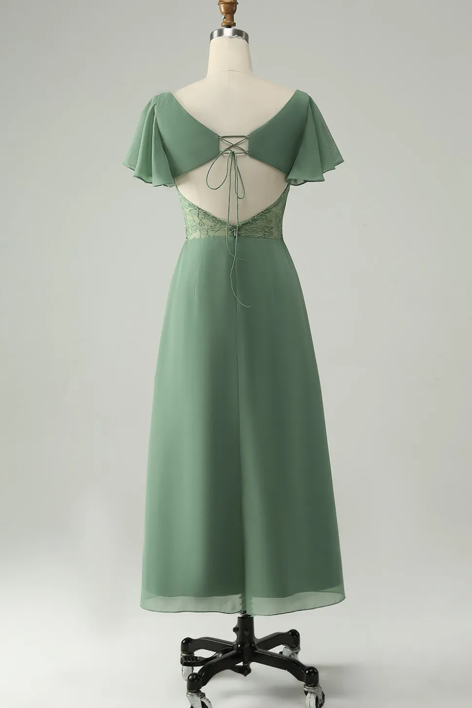 Uma linha de eucalipto pescoço quadrado Chiffon vestido de dama de honra com fenda