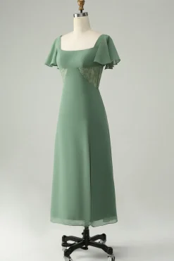 Uma linha de eucalipto pescoço quadrado Chiffon vestido de dama de honra com fenda